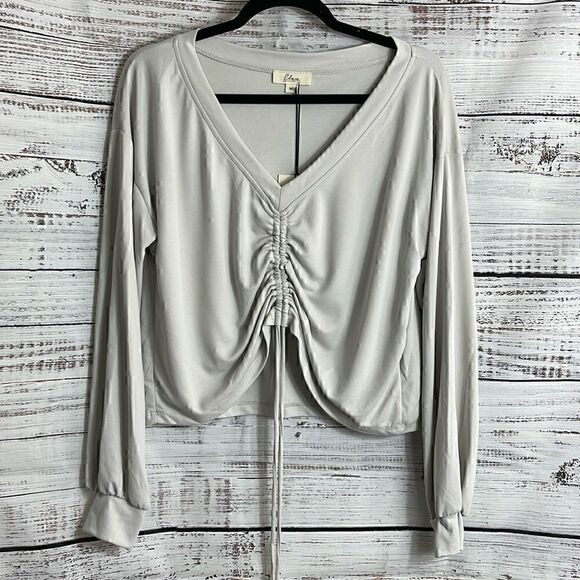 Elan Top Womens size Medium pull string V Neck Gray Stone pullover New - Picture 3 of 13